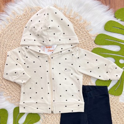 Conj. Jaqueta de Moletom Poá e Calça Legging - Creme e Preto